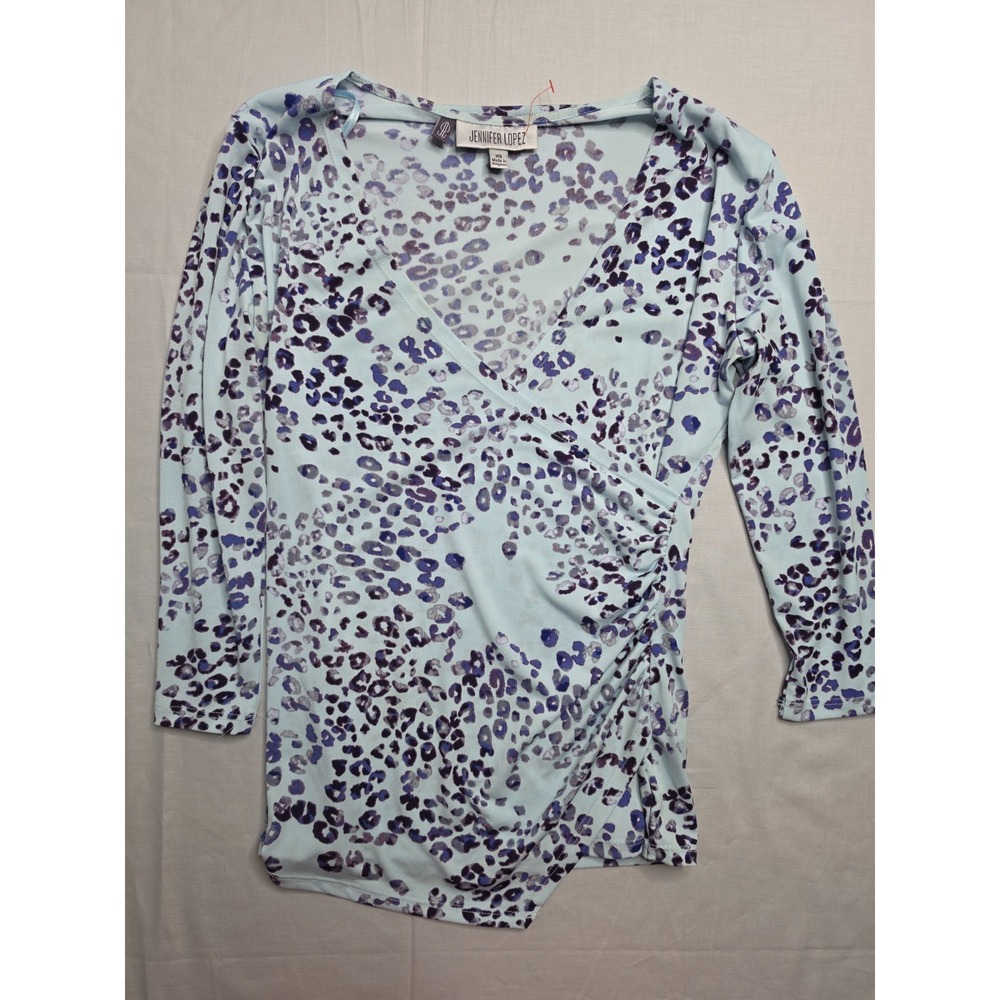 Jennifer Lopez Wrap Top Women's XS Blue Leopard Stretch Surplice Neck Blouse
